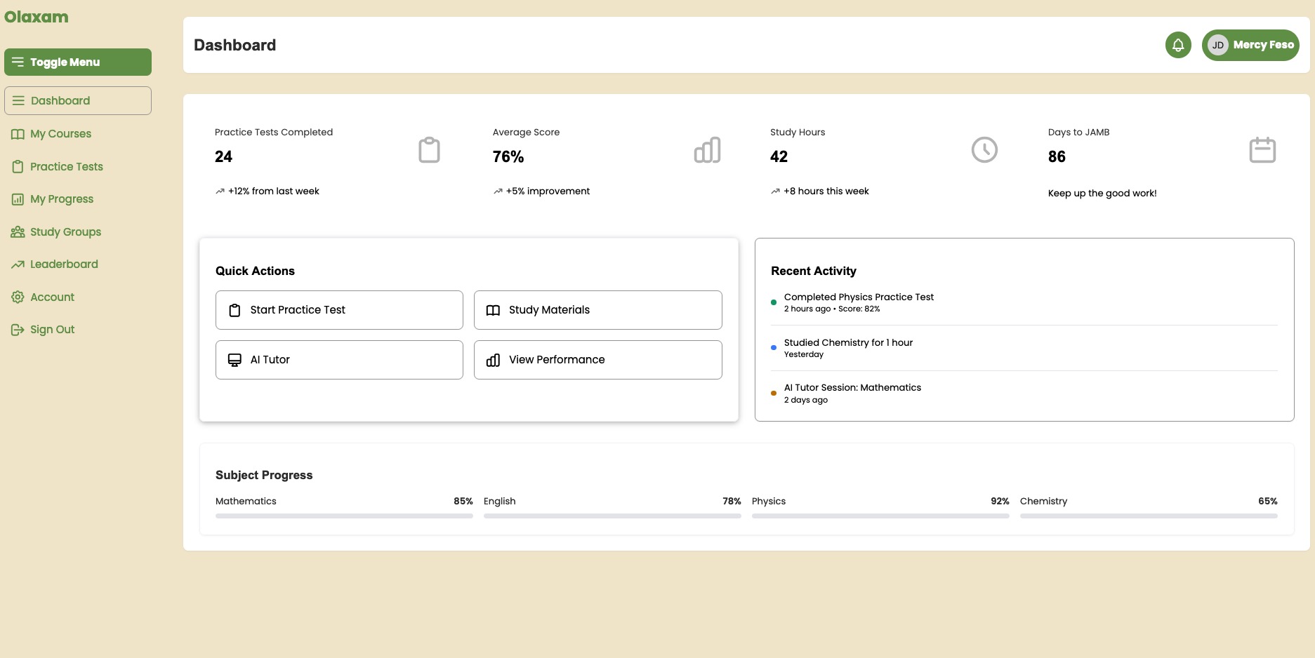 Olaxam's intuitive student dashboard interface